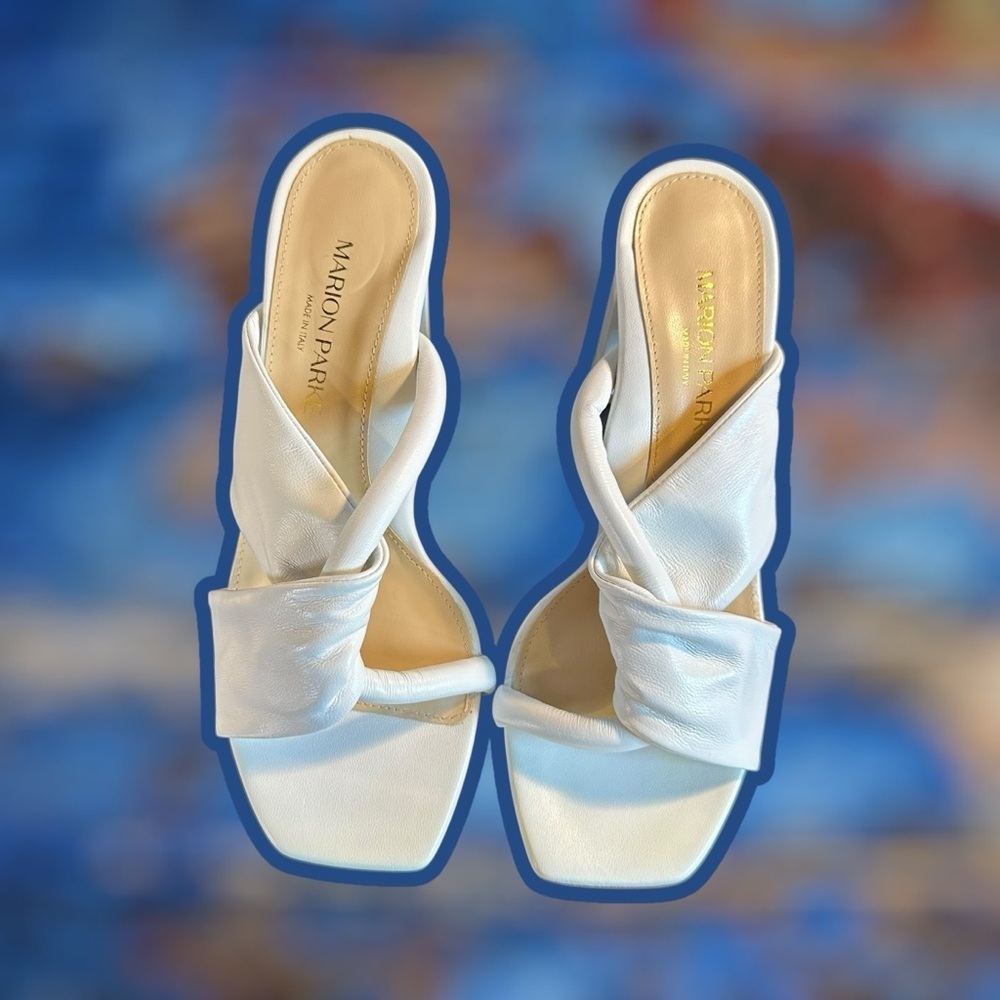 NWT Marion Parke ‘Paola 85’ Block Heel Sandals in Ivory Nappa Leather Size 5.5